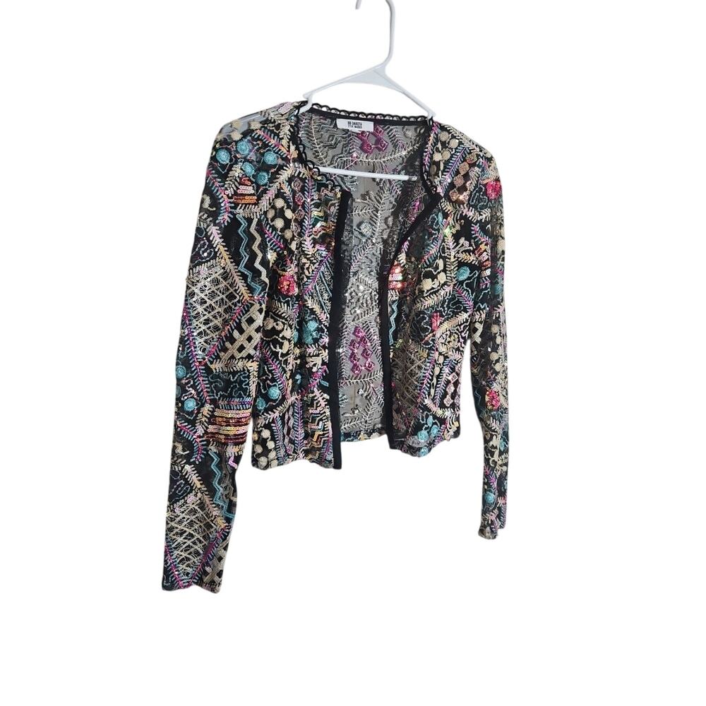 BB Dakota Sequin Sheer Embellished L/S Top Sz M Neon Festival Sparkle Gypsy